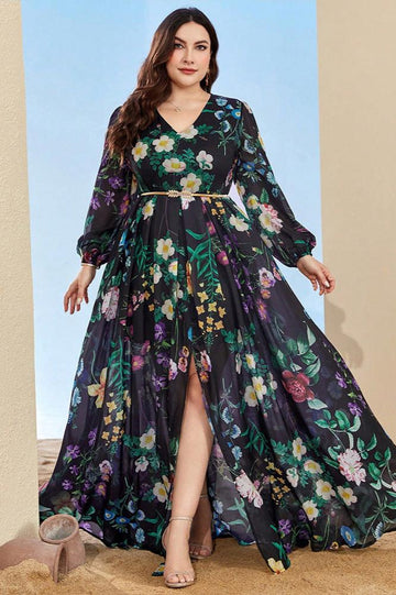Woochic robe grande taille col en V imprimé fendue manches lanterne, soirée Multicolor 1XL